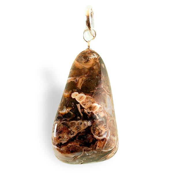 Pendentif Agate à fossiles roulée, attache argent, pour l'abondance