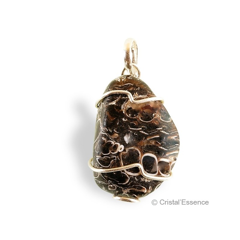 Pendentif Agate à fossiles roulée, montage argent