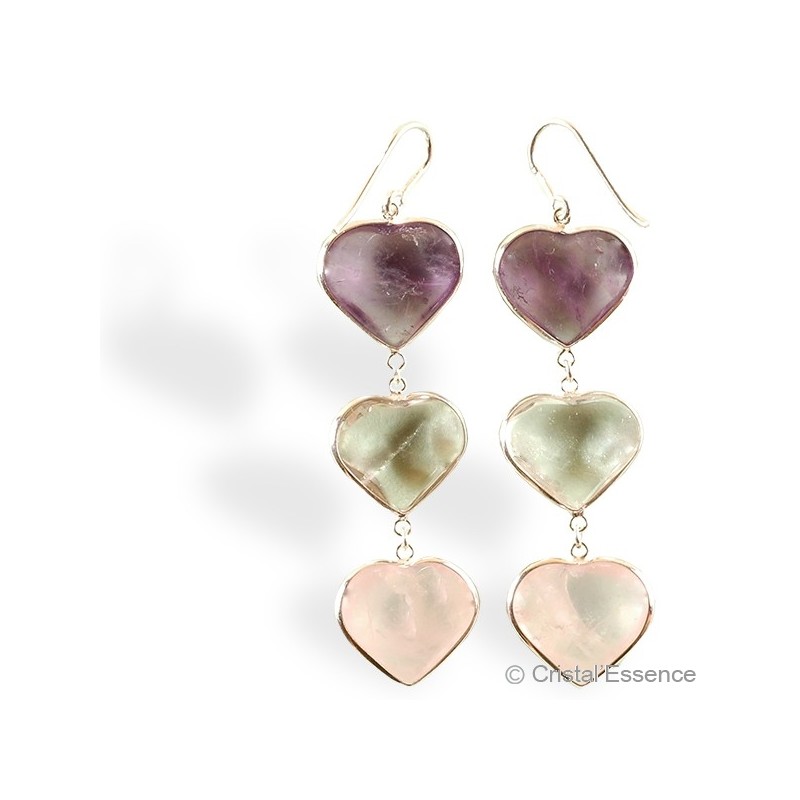 Améthyste, Cristal de roche et Quartz rose, boucles d'oreilles argent