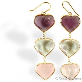 Améthyste, Cristal de roche et Quartz rose, boucles d'oreilles plaqué or
