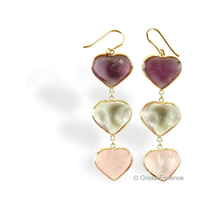 Améthyste, Cristal de roche et Quartz rose, boucles d'oreilles plaqué or