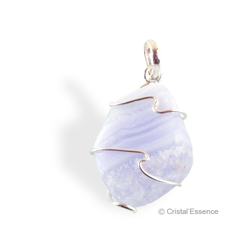 Calcédoine bleue veinée, pendentif argent