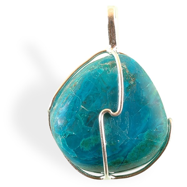 Pendentif Chrysocolle du Pérou roulée, cerclage argent pour un effet d'harmonisation