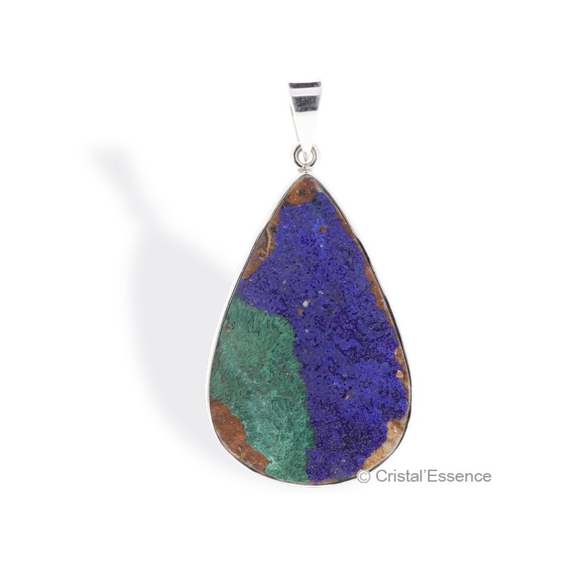 Azurite-malachite non polie ,pendentif goutte argent