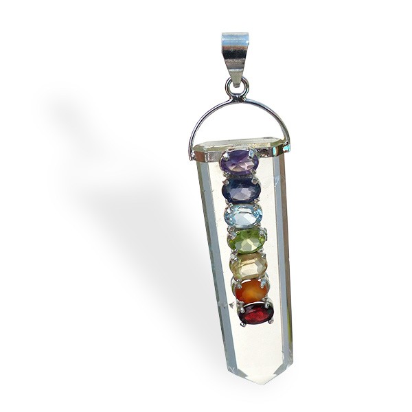 Pendentif Cristal de roche, pierres facettées Chakras, montage argent.