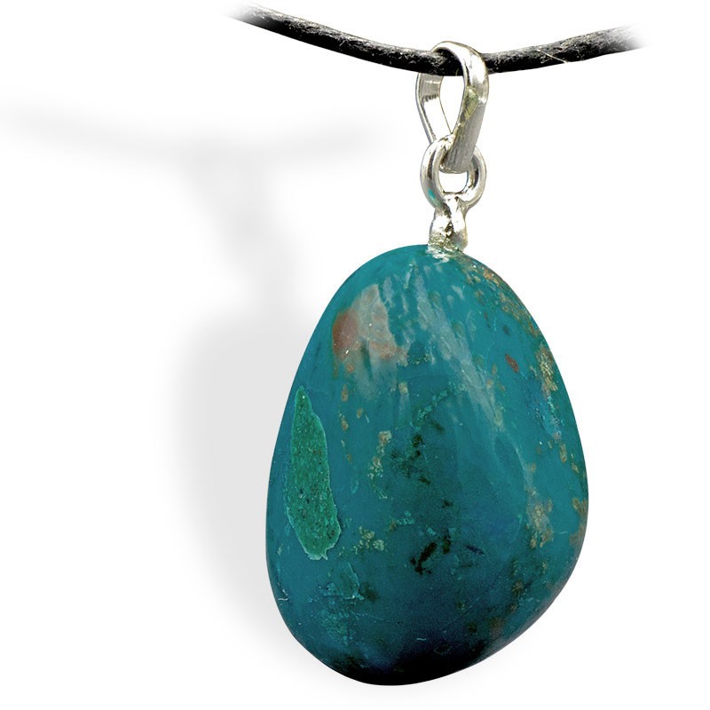 Pendentif Chrysocolle du Pérou, roulée, attache argent pour apaiser les conflits