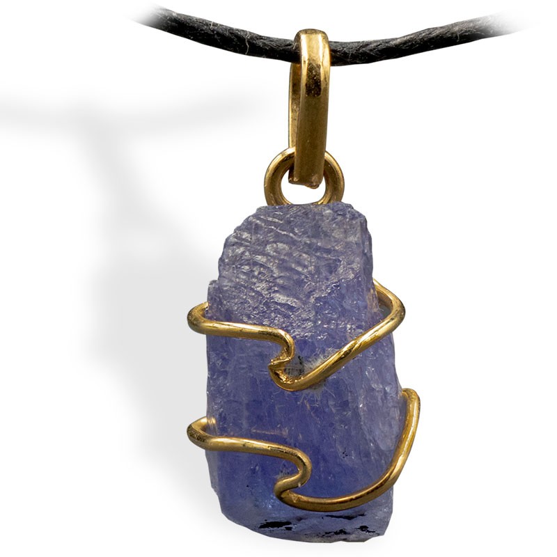 Pendentif pierre brute Tanzanite avec cerclage plaqué or, pour calmer l'activité du mental