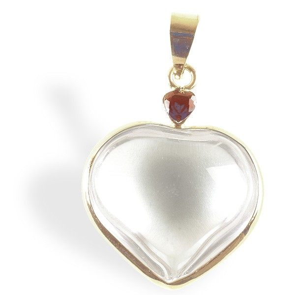 Cristal de roche, pendentif cœur plaqué or avec grenat