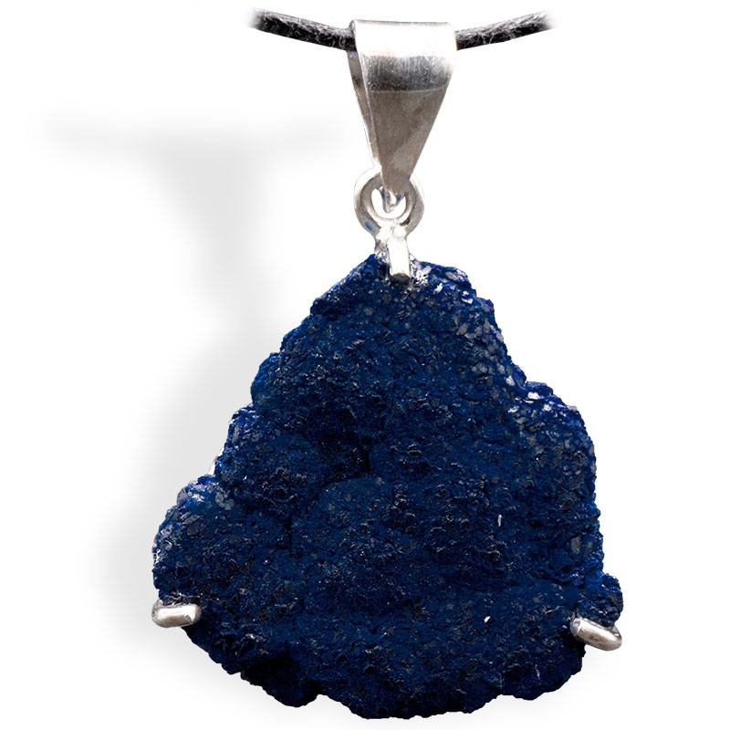 Pierre Azurite cristallisée, pendentif 3 griffes argent