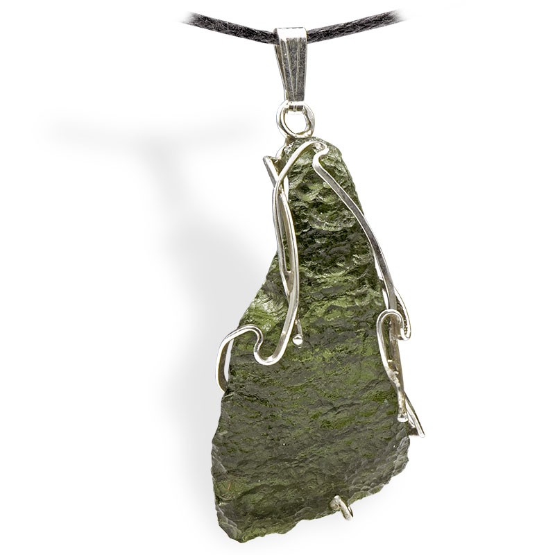 Moldavite, brut entier, pendentif ouvragé argent, 6,62 g