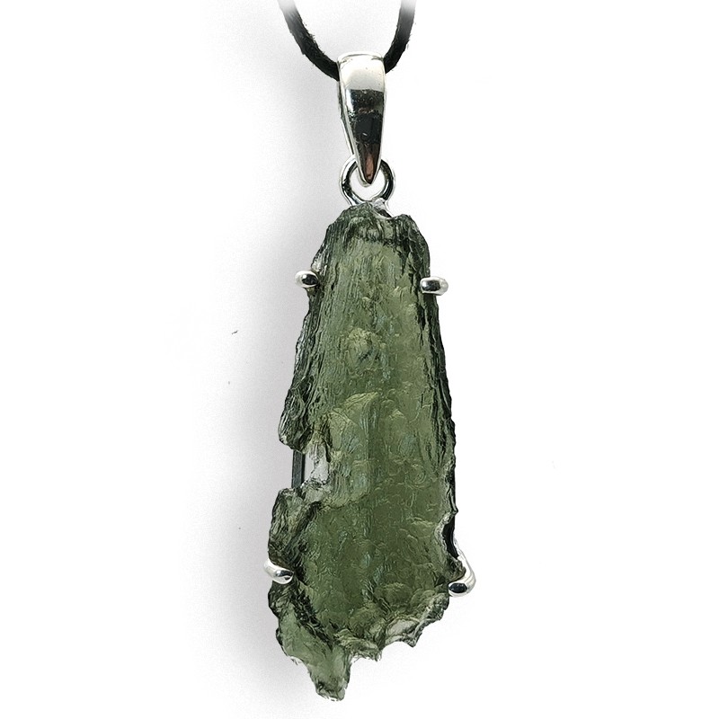 Moldavite, spécimen entier brut, pendentif  griffes argent, 5,03 g