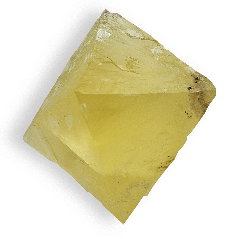 La forme cristallisée de cette Fluorite jaune est naturelle, la Fluorite présente ici un cristal octaédrique.